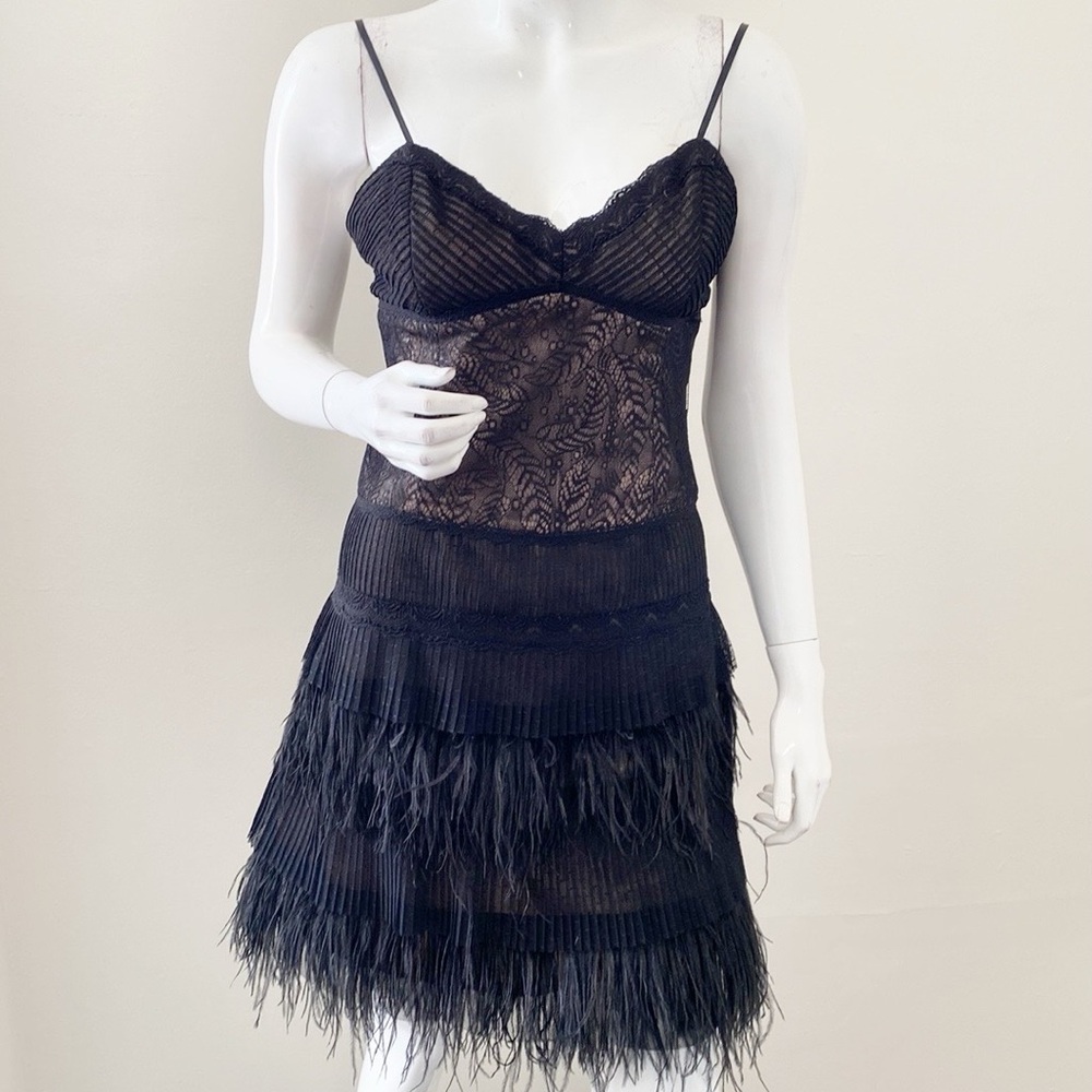 Y2K BCBG Max Azria Black Lace and Tiered Feather Fringe Mini Dress - Picture 4 of 7